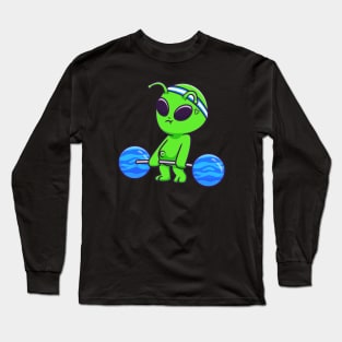 Cute Alien Lifting Planet Barbell Cartoon Long Sleeve T-Shirt